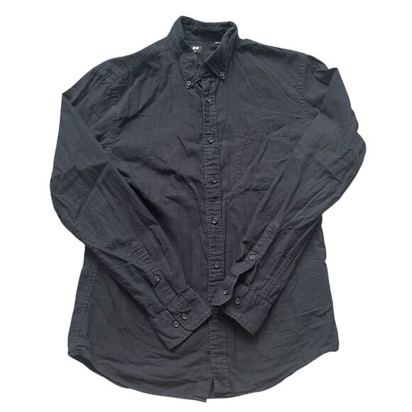 Uniqlo Mens Button Up Top Black Sz Medium Minimalist Classic Career Office Basic - Picture 1 of 7